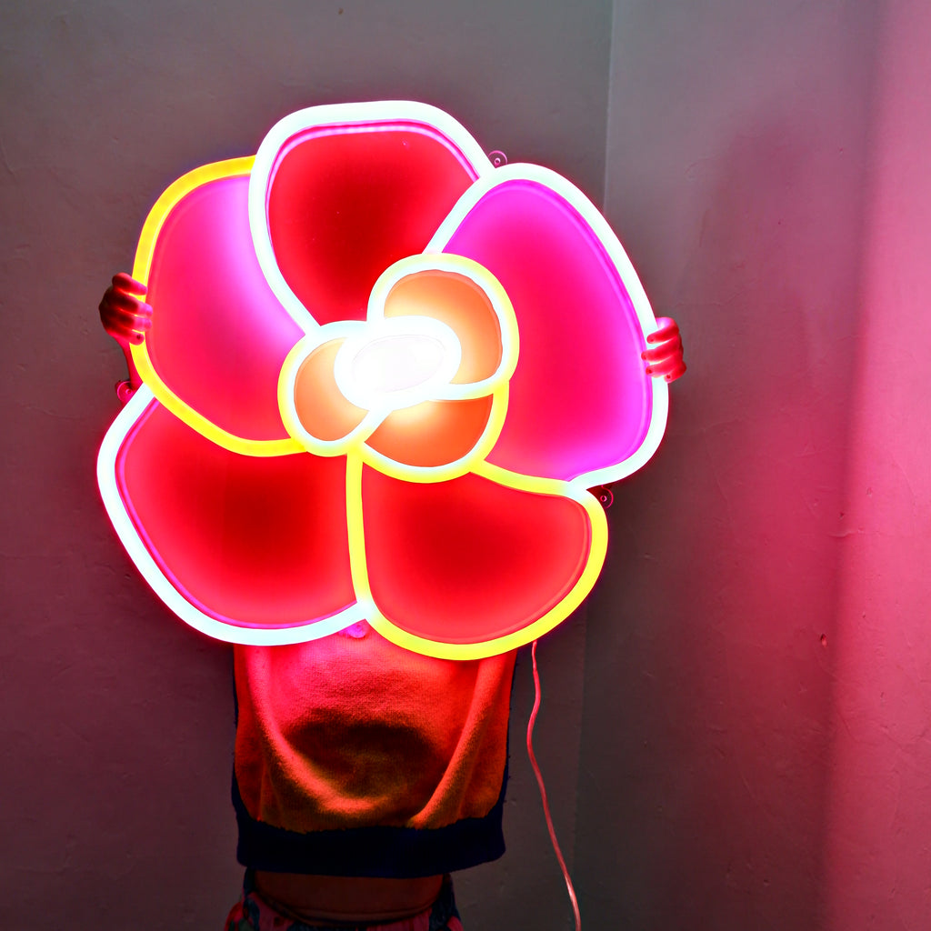 Bloomin' LED Neon sign in material girl, clementine, pretty pink, and stop sign.